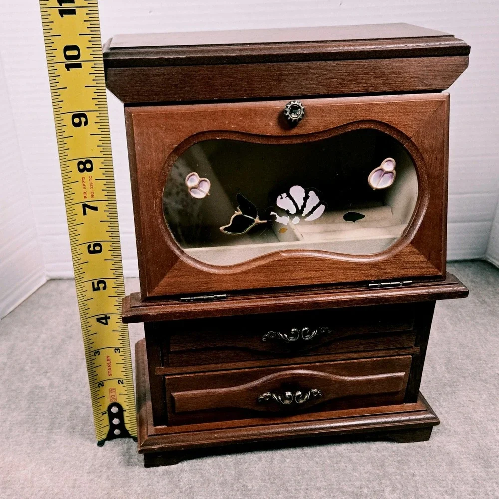 Vtg Wood Jewelry Box Stained Glass Floral Inlay 2 Drawers Ring Organizer Brown